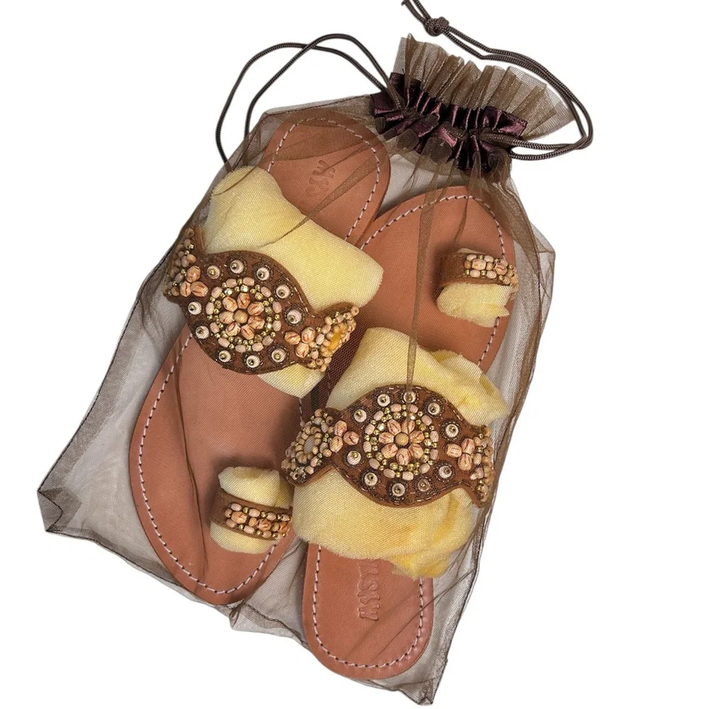 Mystique NEW Beaded Tan Leather Loop Slip On Sandals Size‎ 10 Boho Chic Summer